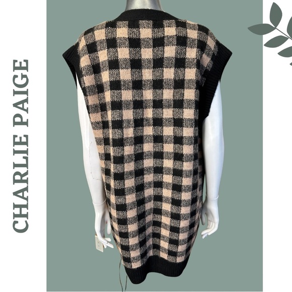 Charlie Paige Oversized Checker Sweater Vest Taupe Black Rhinestone Button XS - Picture 3 of 7
